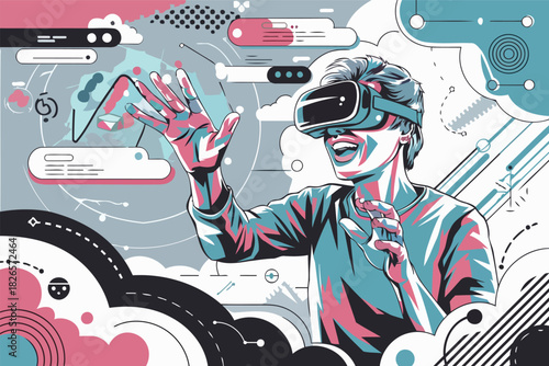 Excited young man using virtual reality headset in futuristic digital environment