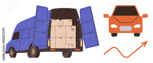 Delivery van packed with boxes, orange car in front, upward growth arrow and wavy line. Ideal for logistics, shipping, business growth, commerce, retail delivery transportation. Simple flat