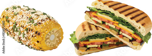 Grilled corn, vegetable panini sandwich, healthy meal combo, cheese topping, fresh ingredients, vibrant texture, food presentation, white 