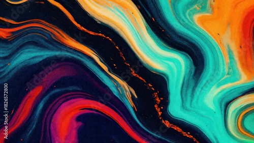 Abstract painting with vibrant swirls of blue, orange, and purple colors creating a fluid artistic effect.