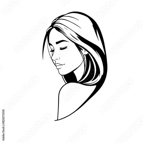 “A stylized vector drawing of a young woman facing slightly away, looking downward with gentle calm. Her long hair forms dynamic curves around her shoulders. The composition uses bold contrast and cle