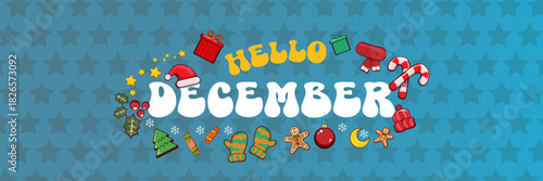 Hello December banner design template with santa hat, christmas tree, candy, hat, mittens, stars, gifts, balls, moon, gingerbread man, cookies. Hello December blue sticker on blue abstract background