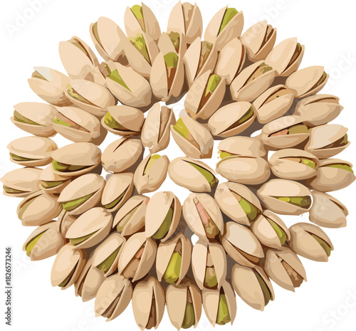 Pistachio nut circle, food symmetry, mandala design, natural texture, green nuts, beige shells, artistic snack, white background, concentric pattern, healthy food, nut arrangement, culinary art,