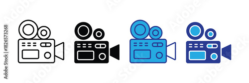 Four different icon styles of a vintage film camera, representing video recording and cinema production, isolated on white background
