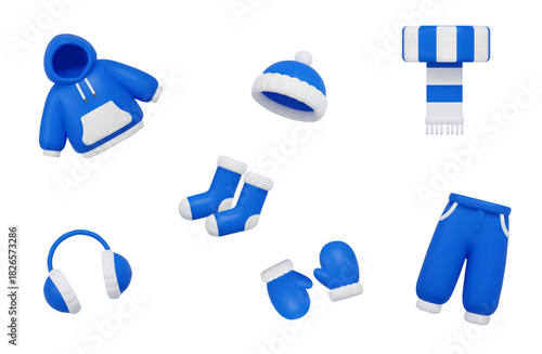 3d set Striped Scarf, fur Headphones, Hoodie, mittens, hat, Socks, Pants, icon blue and white colors. Winter clothing. Stock vector illustration on isolated background.