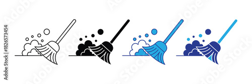 Set of stylized broom icons illustrating the sweeping action, creating dust or debris clouds, perfect for cleaning service logos and home maintenance concepts.