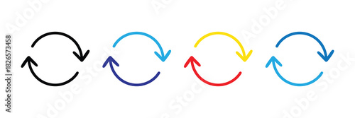Set of four circular arrow icons representing refresh, recycle, repeat, and rotation in different colors, isolated on white