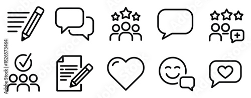 Detailed feedback icon set in line style, comment bubbles, star ratings, thumbs up and down, user reviews, and client evaluation symbols