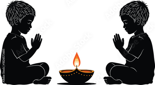 Silhouette children praying with diya lamp, Indian tradition, spiritual light, cultural devotion, symmetrical pose, white background