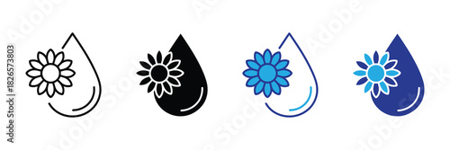 Collection of four water drop icons with flower element in outline, solid, blue outline, and solid blue styles for diverse design needs