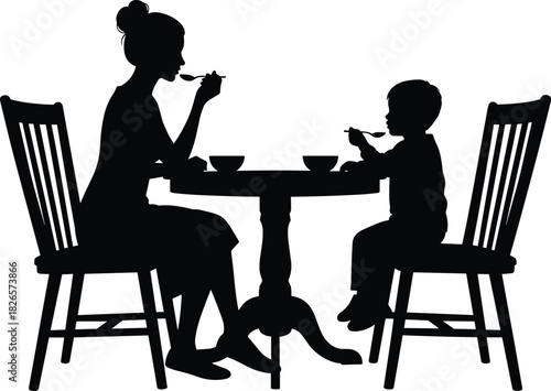 Silhouette of child and adult, eating together, family meal, shared moment, black illustration, white background, domestic scene, caregiving concept, spoon gesture, round table, parenting theme,