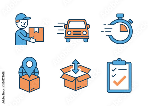 Delivery and logistics service icons on white background