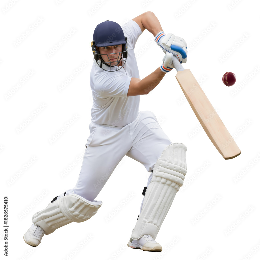 Fototapeta premium Batsman in white uniform making contact with the cricket ball on isolated background