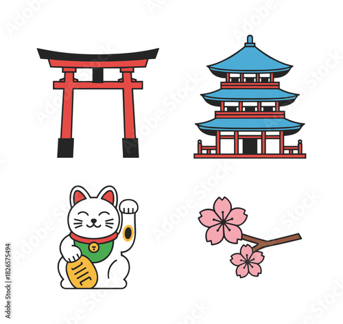 Japan traditional culture exploring travel icon set