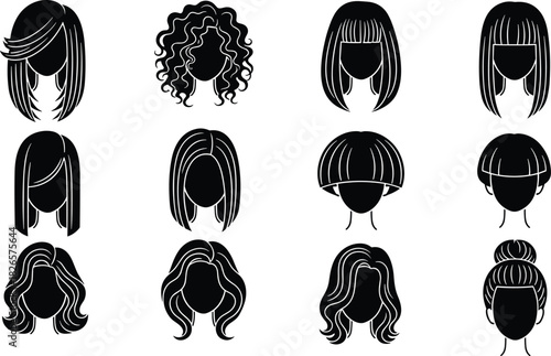 Female hairstyle silhouette collection, black hair icons, trendy haircut shapes, fashion design elements, beauty illustration set, vector hairstyle bundle