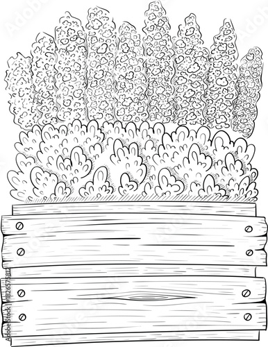 Black and white ink style vector illstration of gardening tools and supplies. Spring mood engraving for packaging, cards and decorative purposes