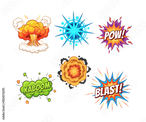 Comic sound effects depicting cartoon explosions and blasts