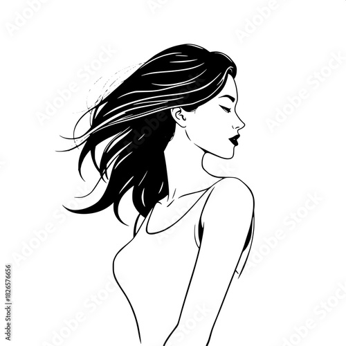 l“A minimalist grayscale illustration of a woman in profile-three-quarter view, her features soft and elegant. A sleeveless top and flowing hair complement the smooth contour lines and balanced lighti