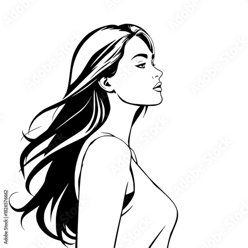 l“A minimalist grayscale illustration of a woman in profile-three-quarter view, her features soft and elegant. A sleeveless top and flowing hair complement the smooth contour lines and balanced lighti