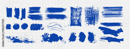 Abstract ink blob set, grunge art. Blue paint stroke texture set in scribble style. Hand drawn vector isolated illustration on notebook background