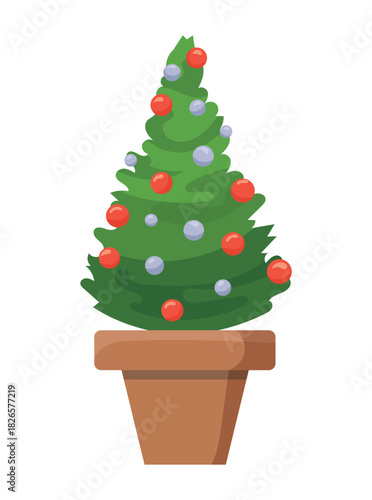 Christmas tree in a pot. Flat vector clipart illustration with isolated background.