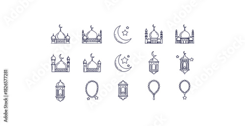 Ramadan decorative line art icons mosque domes crescent moon lanterns prayer beads and stars