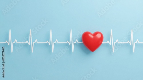 Minimalist Artistic Heartbeat Line with Red Heart on Light Blue Background Medical