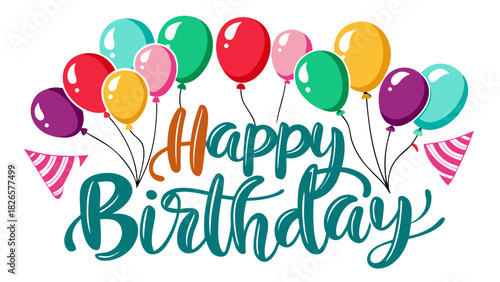 Happy birthday celebration with colorful balloons and party hats