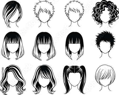 Hairstyle silhouette set with short, curly, straight, layered, pigtail, voluminous, and bang styles for fashion and design