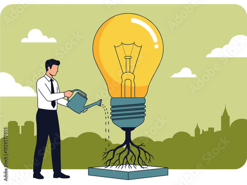 A businessman nurtures an idea with water, symbolizing growth and innovation. A modern cityscape forms the backdrop.  Bright, optimistic illustration.
