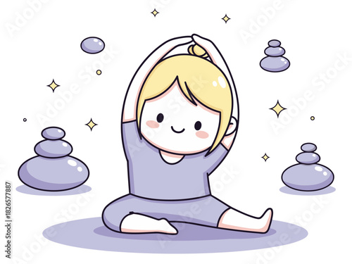 A cheerful young woman practices yoga, balancing on stones. She?s wearing a purple outfit and radiating positivity. A serene scene promoting balance and wellness.