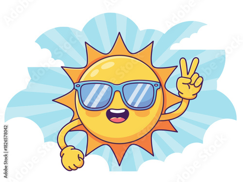 A cheerful sun with sunglasses and a peace sign radiates positivity! Bright, sunny, and perfect for summer vibes. Great for social media and marketing.