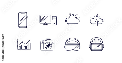 Modern thin line icons featuring smartphone computer cloud data camera and vr headset for digital technology