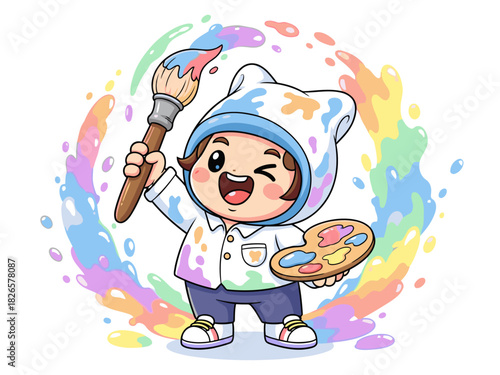 A cute child artist creates magic with a paintbrush, surrounded by colorful paint splatters.  Cheerful and vibrant, perfect for creative themes.