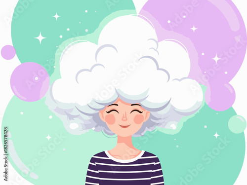 A joyful woman with a cloud-shaped hairstyle radiates happiness. Soft pastel colors and sparkling stars create a dreamy, positive atmosphere. Perfect for wellness and lifestyle visuals.