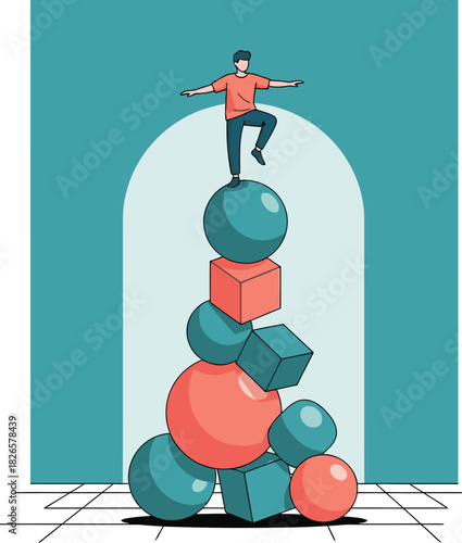 A young man balances on stacked spheres, demonstrating balance and focus. A modern, minimalist illustration with a bright, inviting backdrop.  Find your balance!