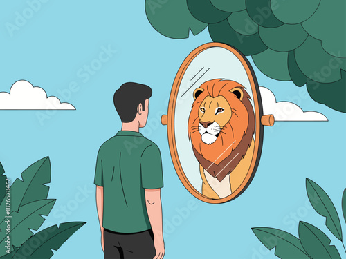 A man gazes at a lion reflection, embodying courage and strength. A motivational illustration with a serene background. Perfect for self-improvement and confidence themes.