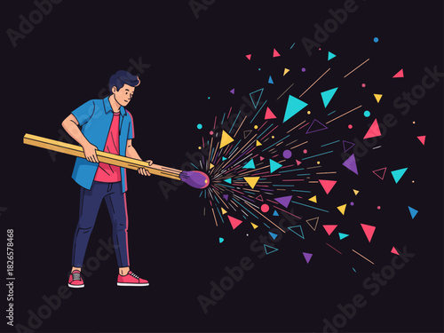 A young man ignites a match, creating a vibrant explosion of geometric shapes. Dynamic, colorful, and impactful ? perfect for creative projects and marketing visuals.
