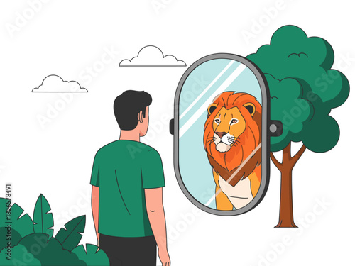 A man gazes at a lion reflected in a mirror, symbolizing self-confidence and inner strength. A serene, motivational illustration with a natural backdrop.