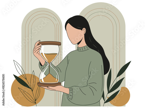 A serene woman holds an hourglass, symbolizing mindful time management.  A soft, modern illustration with a neutral color palette. ?Take Your Time? tagline.
