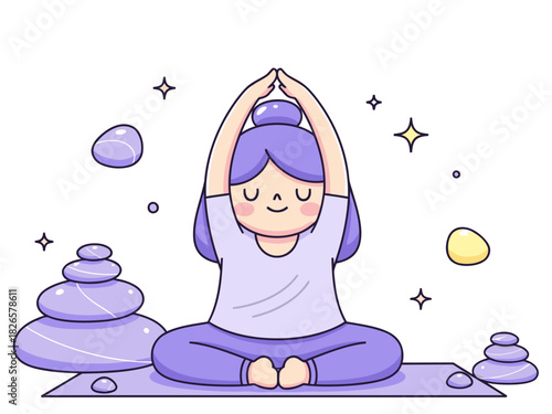 serene woman practices yoga balancing on stones with a peaceful expression Soft colors and a calming atmosphere evoke balance and well-being Perfect for wellness and mindfulness themes