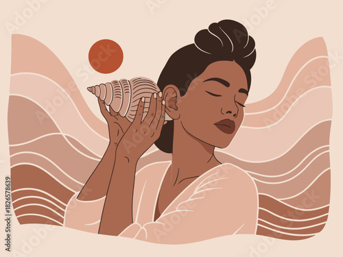serene woman listens to her inner self holding a seashell to her ear against a calming wave backdrop  A beautiful mindful illustration