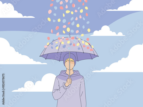 A solitary figure shields under an umbrella amidst a colorful rain of confetti, symbolizing resilience and hope against a cloudy sky. A calming, artistic illustration.