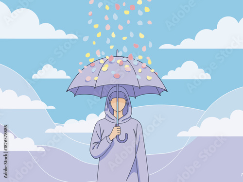 solitary figure stands under an umbrella amidst a gentle rain of colorful petals The image evokes a feeling of protection and serenity 