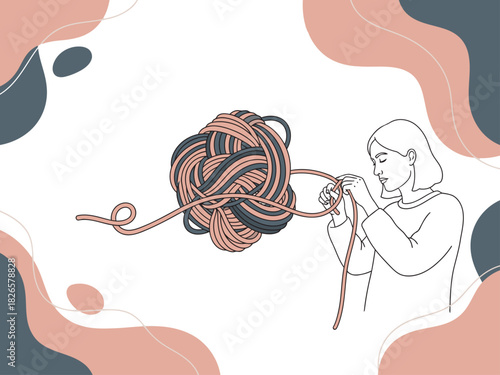 A woman gently unravels a tangled yarn, symbolizing anxiety relief. Soft colors and a focused expression convey a step towards calm.  Illustrative, calming, and visually appealing.