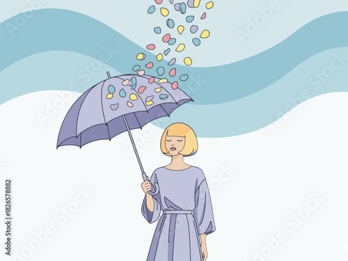 A woman shields her face with an umbrella as colorful petals fall around her. A serene, pastel-toned illustration evokes a gentle storm. Suitable for lifestyle and wellness themes.