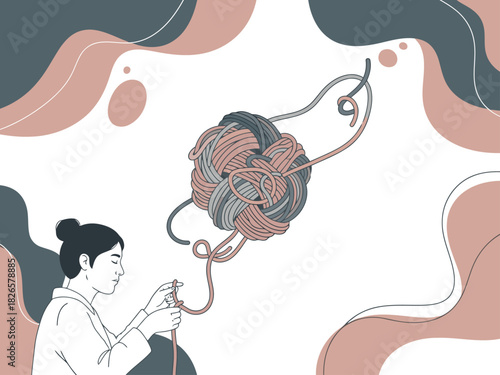A woman unravels a tangled ball of yarn, symbolizing progress and overcoming challenges. Soft colors and a minimalist style create a calming, hopeful image. One step closer.