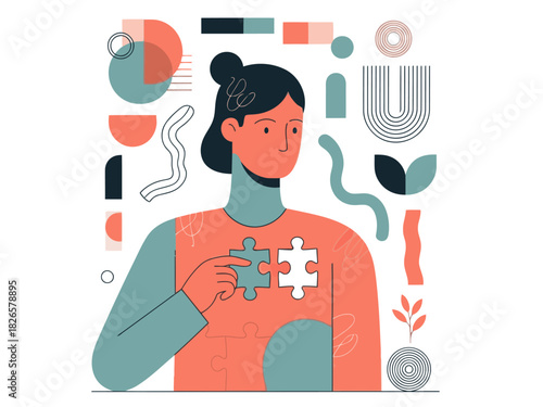 A woman thoughtfully fits puzzle pieces, surrounded by abstract shapes and colors. A modern, optimistic illustration conveying wholeness and happiness.