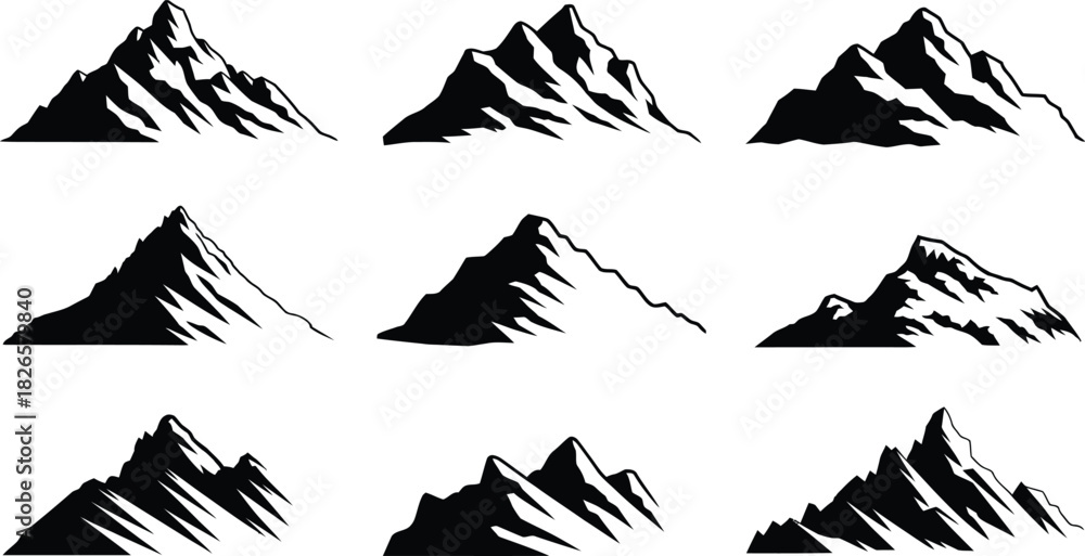Naklejka premium Mountain Silhouette Vector Set, Alpine Peaks, Summit Outline Clipart