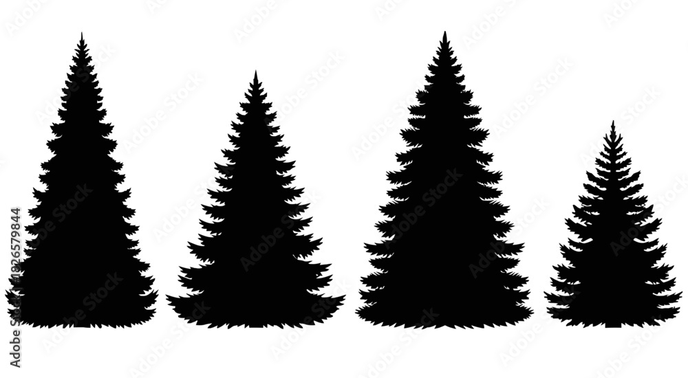 Obraz premium Silhouette of four evergreen trees isolated on white background